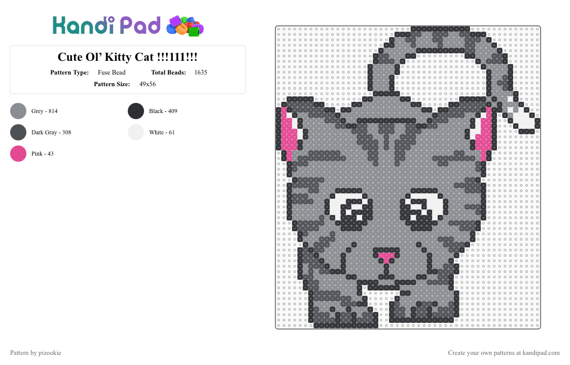 Cute Ol’ Kitty Cat !!!111!!! - Fuse Bead Pattern by pizookie on Kandi Pad - gray,cotdpetshow,cat,kitty,cute,kawaii,pets,animals,adorable