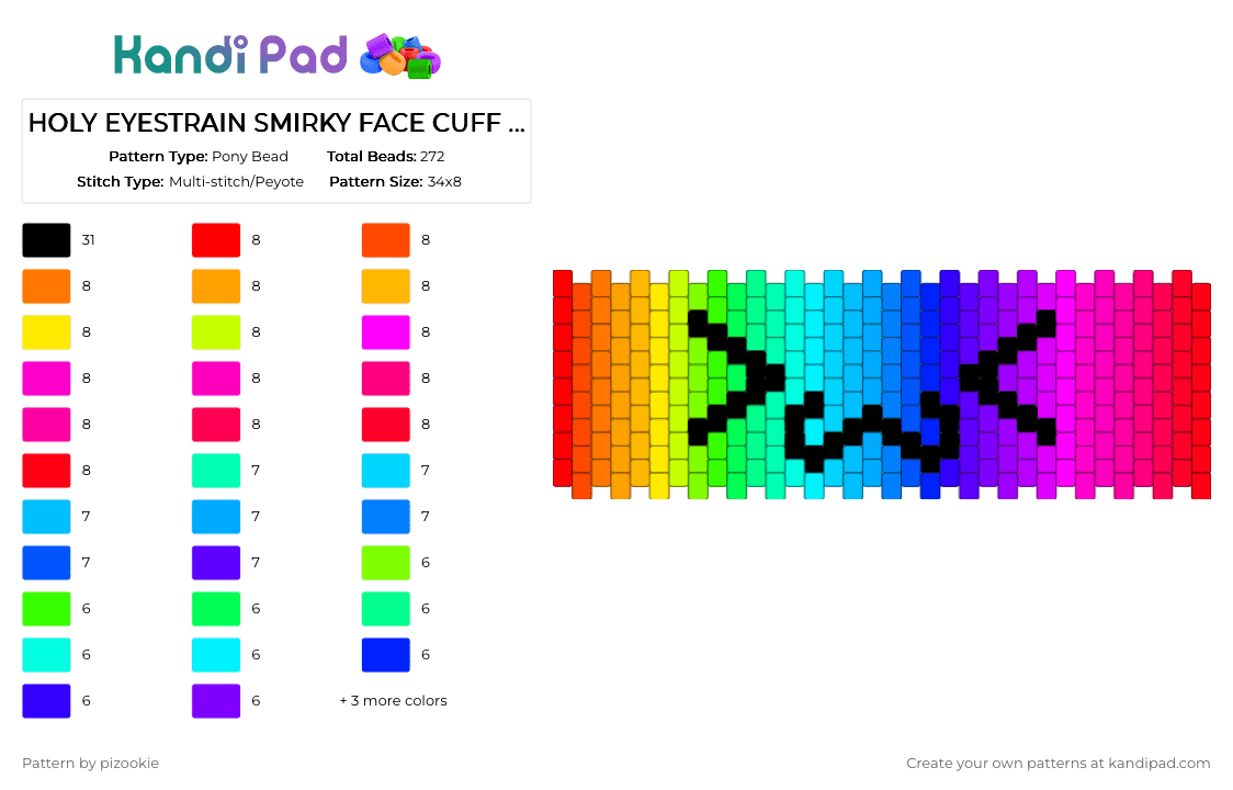 HOLY EYESTRAIN SMIRKY FACE CUFF !!!!1111!!!! x3 - Pony Bead Pattern by pizookie on Kandi Pad - orange,light blue,pink,colorful,rainbow,silly,color spectrum,scene,scene kid,scenecore,emo