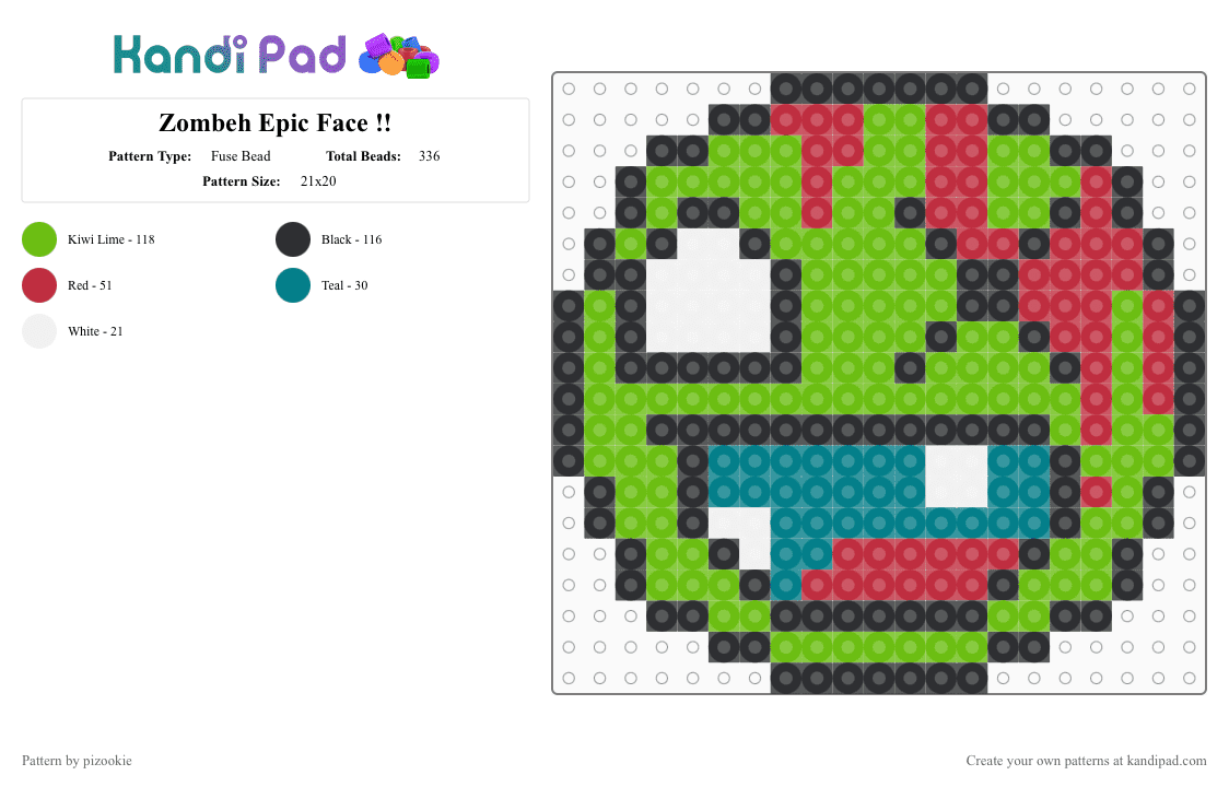 Zombeh Epic Face !! - Fuse Bead Pattern by pizookie on Kandi Pad - green,zombie,epic face,scene,scenecore,scene kid,emo,roblox