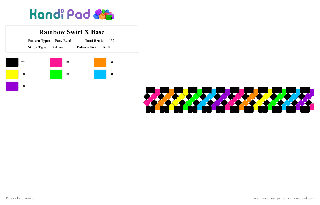 Rainbow Swirl X Base - Pony Bead Pattern by pizookie on Kandi Pad - black,orange,green,purple,colorful,rainbow,swirl,scene,scenecore,scene kid,emo