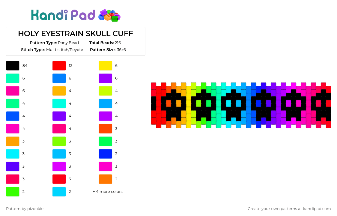 HOLY EYESTRAIN SKULL CUFF - Pony Bead Pattern by pizookie on Kandi Pad - color spectrum, colorful, emo, neon, pink, purple, red, scene, scene kid, scenecore, spooky, teal