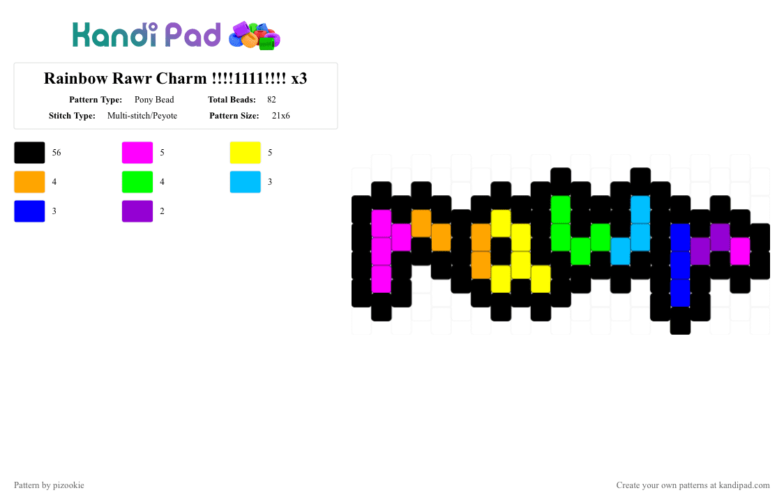 Rainbow Rawr Charm !!!!1111!!!! x3 - Pony Bead Pattern by pizookie on Kandi Pad - black,orange,green,colorful,scene,scenecore,scene kid,emo,rainbow,neon,peyote stitch