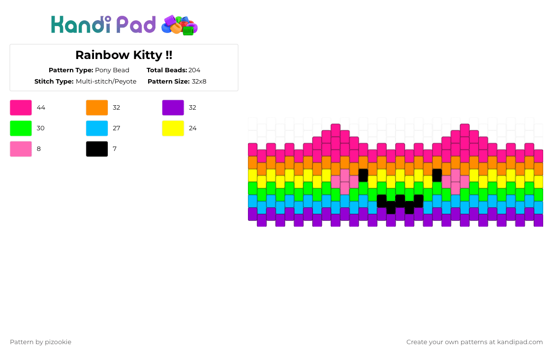 Rainbow Kitty !! - Pony Bead Pattern by pizookie on Kandi Pad - pink,orange,green,purple,rainbow,kitty,cat,kawaii,cute,scene,emo,scenemo