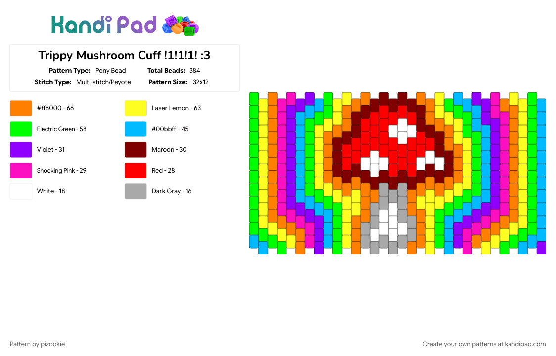 Trippy Mushroom Cuff !1!1!1! :3 - Pony Bead Pattern by pizookie on Kandi Pad - colorful, cotdmushrooms, edc, edm, green, light blue, neon, orange, scenecore, trippy, weirdcore, yellow