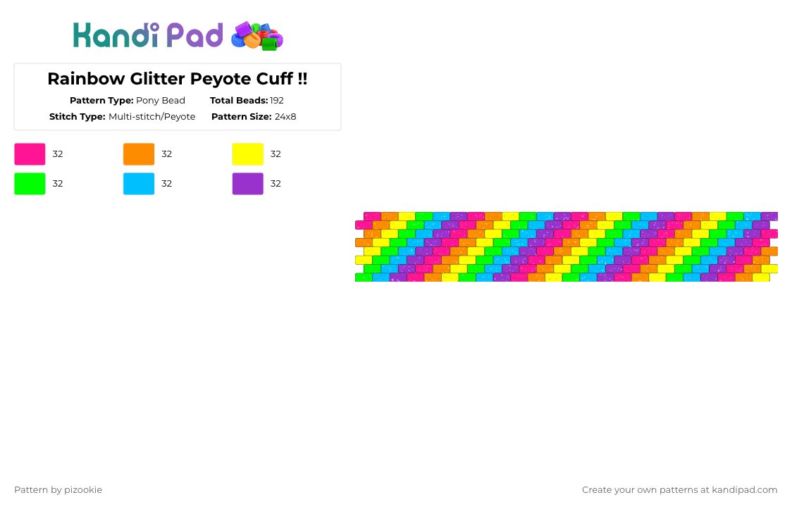 Rainbow Glitter Peyote Cuff !! - Pony Bead Pattern by pizookie on Kandi Pad - colorful, decora, emo, glitter, green, orange, peyote, purple, rainbow, scene, scene kid