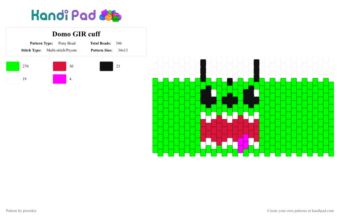 Domo GIR cuff - Pony Bead Pattern by pizookie on Kandi Pad - green,scene kid,scenecore,emo,scene,domo,gir,invader zim
