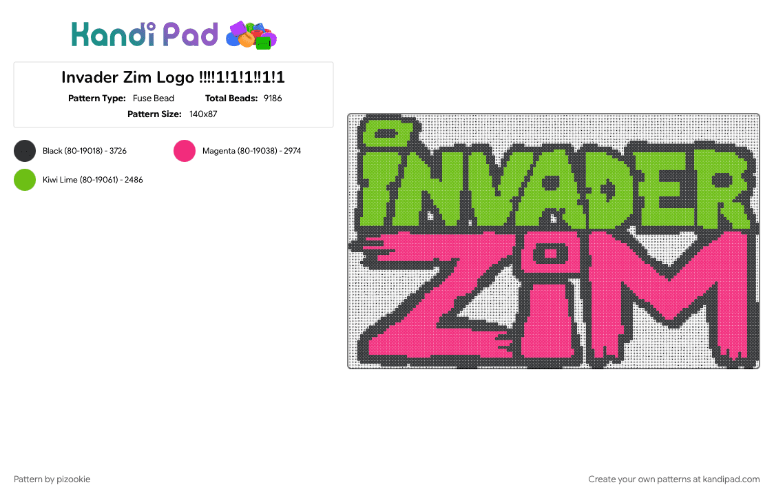 Invader Zim Logo !!!!1!1!1!!1!1 - Fuse Bead Pattern by pizookie on Kandi Pad - cartoons, emo, green, jhonen vasquez, logos, nickelodeon, pink, scene, scene kid, scenecore