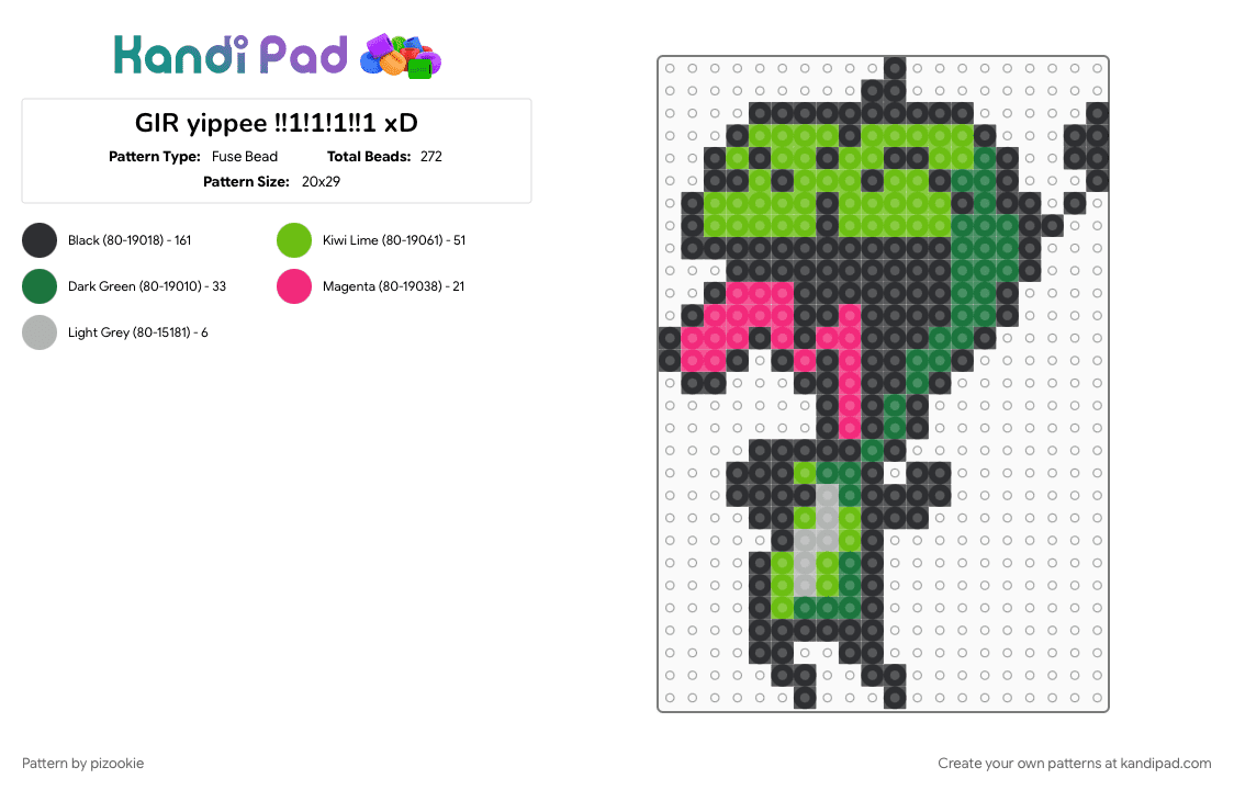 GIR yippee !!1!1!1!!1 xD - Fuse Bead Pattern by pizookie on Kandi Pad - black, cotdscenekidfashion, emo, gir, green, invader zim, scene, scene kid, scenecore, silly