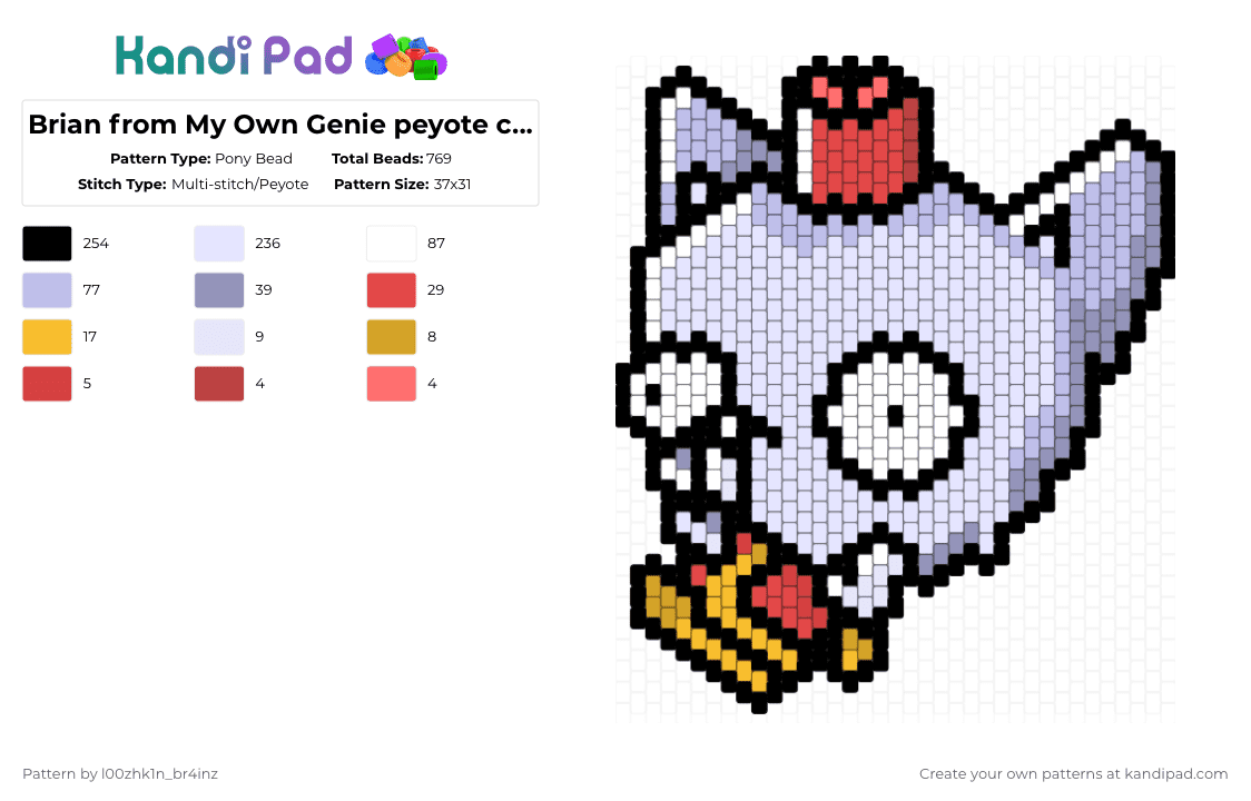 Brian from My Own Genie peyote charm :3 - Pony Bead Pattern by pizookie on Kandi Pad - white,pink,gray,red,brian,my own genie,the dandy,jamie smart,purple,charm,peyote stitch,peyote