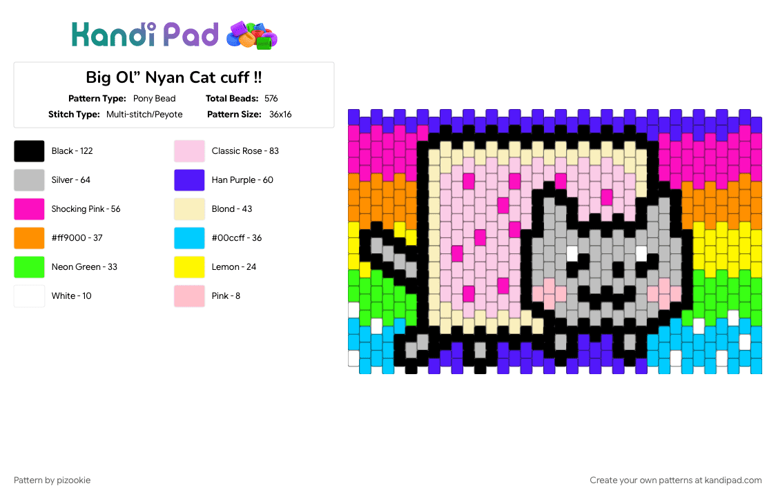 Big Ol” Nyan Cat cuff !! - Pony Bead Pattern by pizookie on Kandi Pad - beige, colorful, cotdcats, emo, meme, memes, pink, purple, scene, scene kid, scenecore, yellow