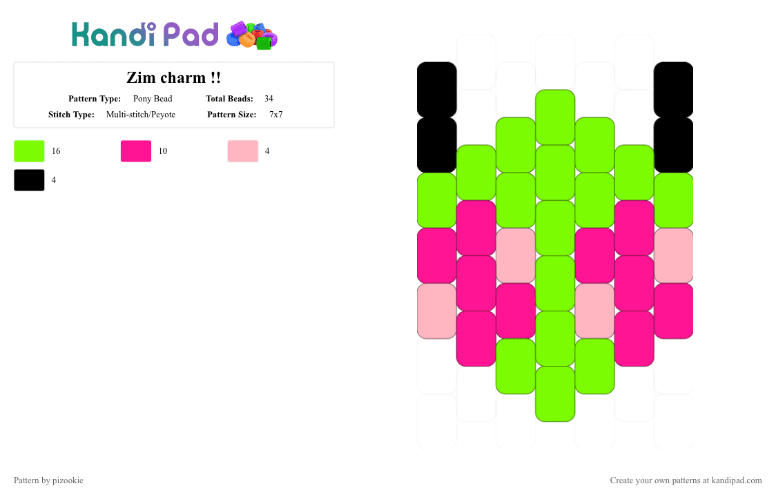 Zim charm !! - Pony Bead Pattern by pizookie on Kandi Pad - pink,green,zim,jhonen vasquez,invader zim,scene,emo,scenecore,scene kid,peyote