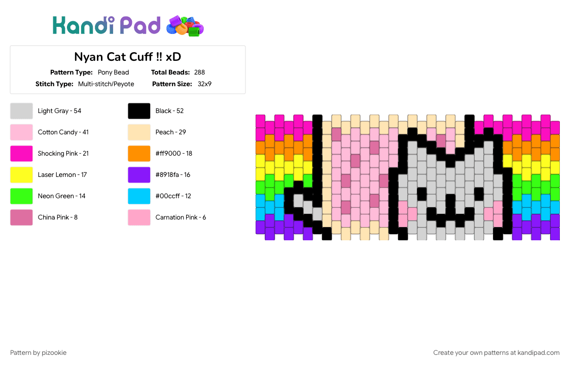 Nyan Cat Cuff !! xD - Pony Bead Pattern by pizookie on Kandi Pad - 2010s internet, beige, emo, meme, memes, pink, pop tart, scene, scene kid, scenecore