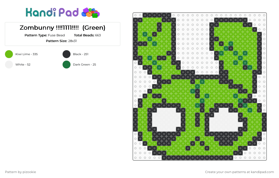 Zombunny !!!!1111!!!!  (Green) - Fuse Bead Pattern by pizookie on Kandi Pad - bunny, emo, green, rabbit, scene, scene kid, scenecore, spooky, zombie