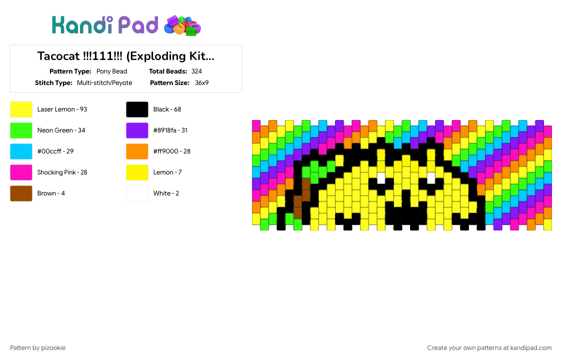 Tacocat !!!111!!! (Exploding Kittens) - Pony Bead Pattern by pizookie on Kandi Pad - animals, card games, cats, colorful, cotdcats, food, green, rainbow, the oatmeal, yellow