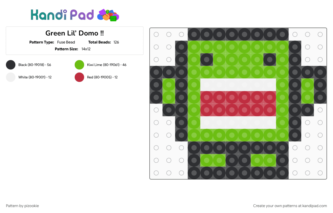 Green Lil’ Domo !! - Fuse Bead Pattern by pizookie on Kandi Pad - 2000s, colorful, emo, green, myspace, neon, scene, scene kid, scenecore