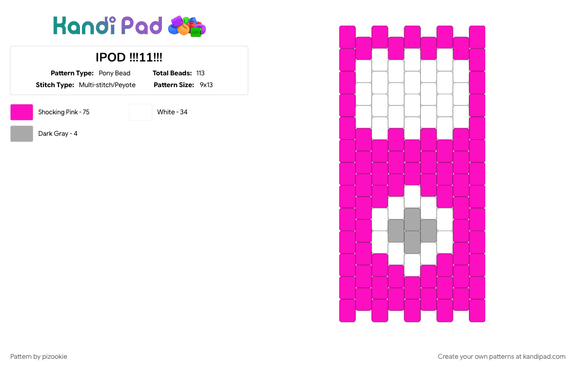 IPOD !!!11!!! - Pony Bead Pattern by pizookie on Kandi Pad - 2000s, cotdheadphones, emo, music, myspace, pink, scene, scene kid, scenecore