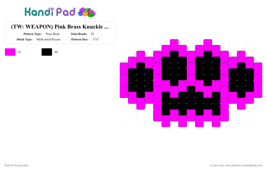 (TW: WEAPON) Pink Brass Knuckle Charm !!!!1111!!!! - Pony Bead Pattern by pizookie on Kandi Pad - pink,black,scene,scenecore,scene kid,emo,neon,peyote stitch,myspace,2000s