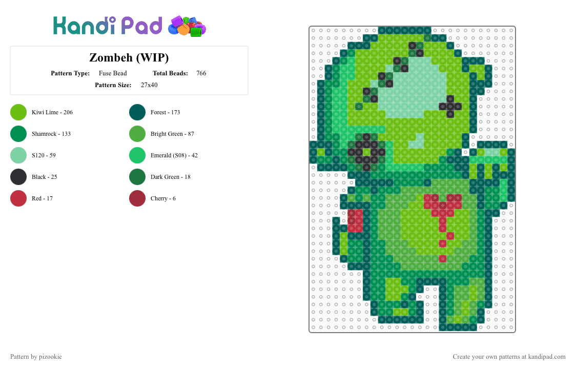 Zombeh (WIP) - Fuse Bead Pattern by pizookie on Kandi Pad - green,cotdpost-apocalyptic,zombie,emo,scene,scene kid,scenecore,postapocalyptic