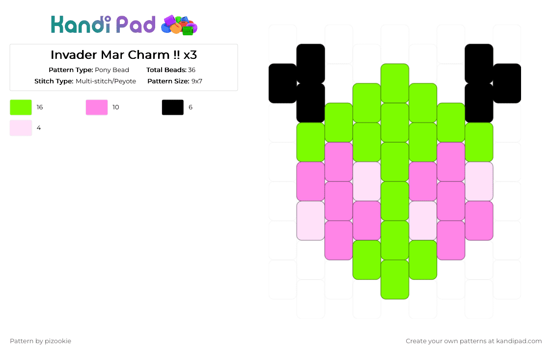 Invader Mar Charm !! x3 - Pony Bead Pattern by pizookie on Kandi Pad - pink,green,oc,invader zim,deviantart,irken,peyote stitch,zim