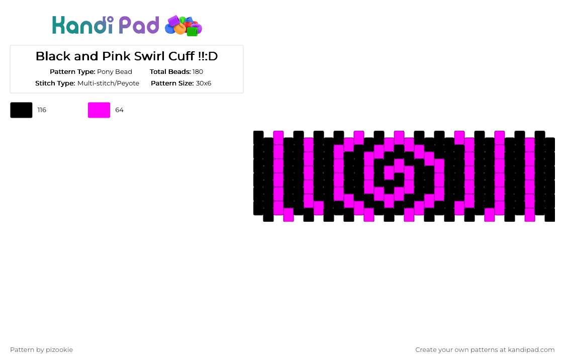 Black and Pink Swirl Cuff !!:D - Pony Bead Pattern by pizookie on Kandi Pad - black,pink,scene,scenecore,scene kid,emo,neon,swirl