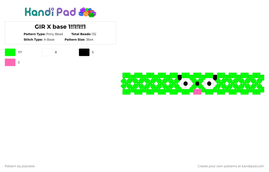 GIR X base 1!!1!1!!1 - Pony Bead Pattern by pizookie on Kandi Pad - green,gir,invader zim,scene,emo,scene kid,cuff,x base,easy
