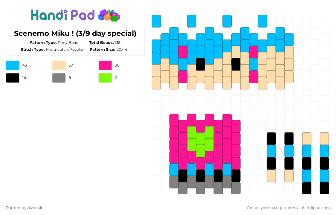 Scenemo Miku ! (3/9 day special) - Pony Bead Pattern by pizookie on Kandi Pad - light blue,pink,beige,miku,hatsune miku,vocaloid,scene,emo,scenemo,doll
