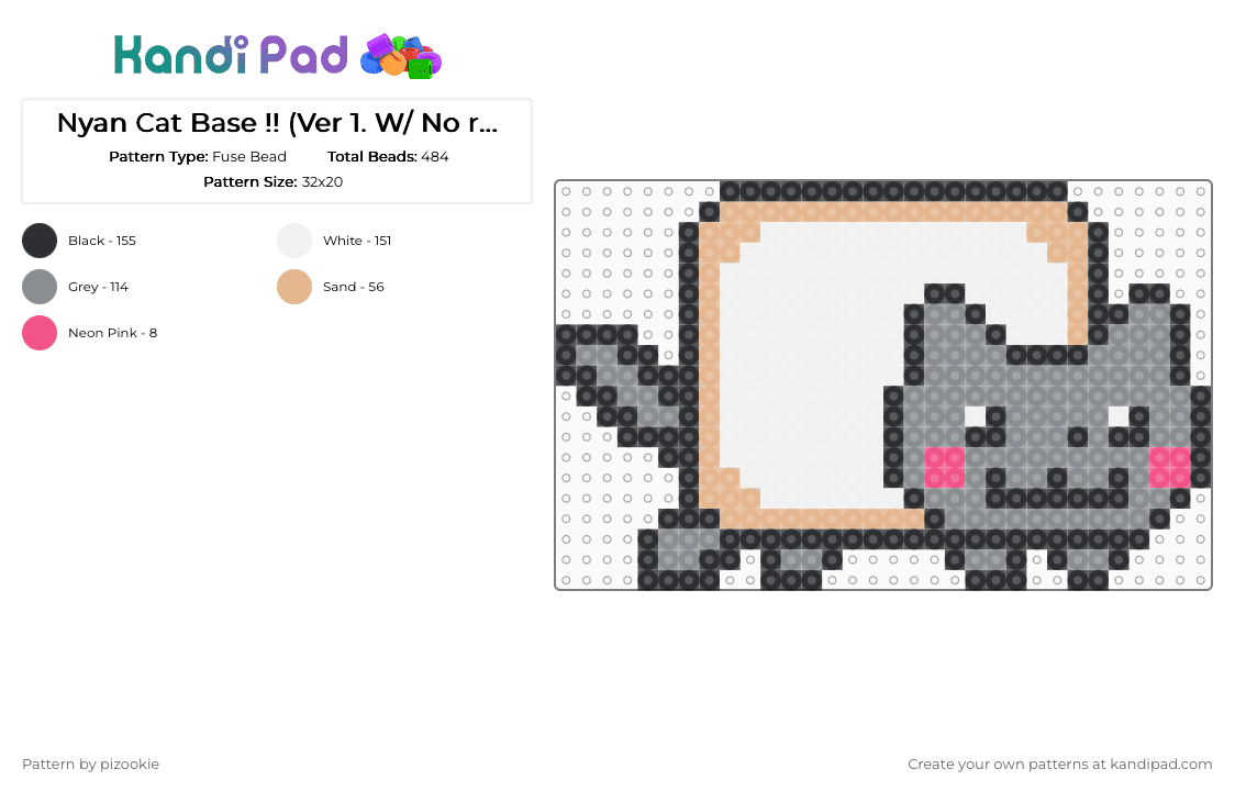 Nyan Cat Base !! (Ver 1. w/ No rainbow) - Fuse Bead Pattern by pizookie on Kandi Pad - cat, emo, gray, memes, nyan cat, pop tart, scene, scene kid, scenecore