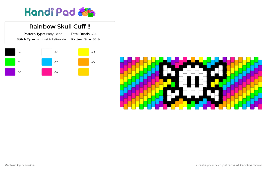 Rainbow Skull Cuff !! - Pony Bead Pattern by pizookie on Kandi Pad - purple,orange,green,colorful,scene,scenemo,emo,skull,rainbow,multistitch,cuff
