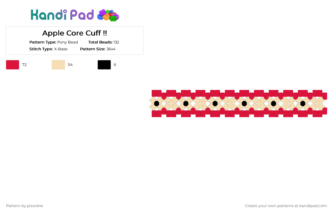 Apple Core Cuff !! - Pony Bead Pattern by pizookie on Kandi Pad - red,beige,apple,fruits,food,fruit,core,x base,cuff