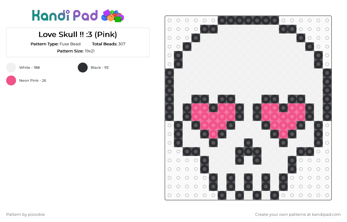 Love Skull !! :3 (Pink) - Fuse Bead Pattern by pizookie on Kandi Pad - white,love,halloween,spooky,holiday,scene,scenecore,scene kid,emo