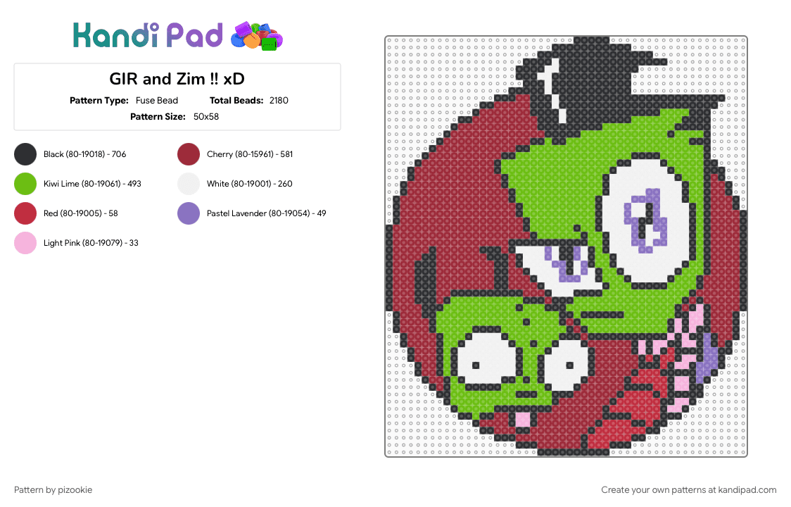 GIR and Zim !! xD - Fuse Bead Pattern by pizookie on Kandi Pad - cartoons, character, emo, green, invader zim, jhonen vasquez, red, scene, scene kid, scenecore