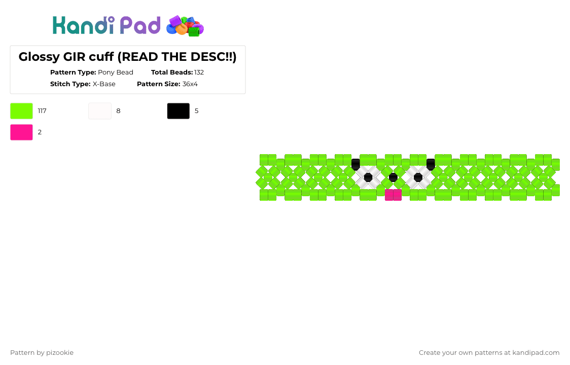 Glossy GIR cuff (READ THE DESC!!) - Pony Bead Pattern by pizookie on Kandi Pad - green,cotdglossy,glossy,gir,invader zim,x base,scene,emo