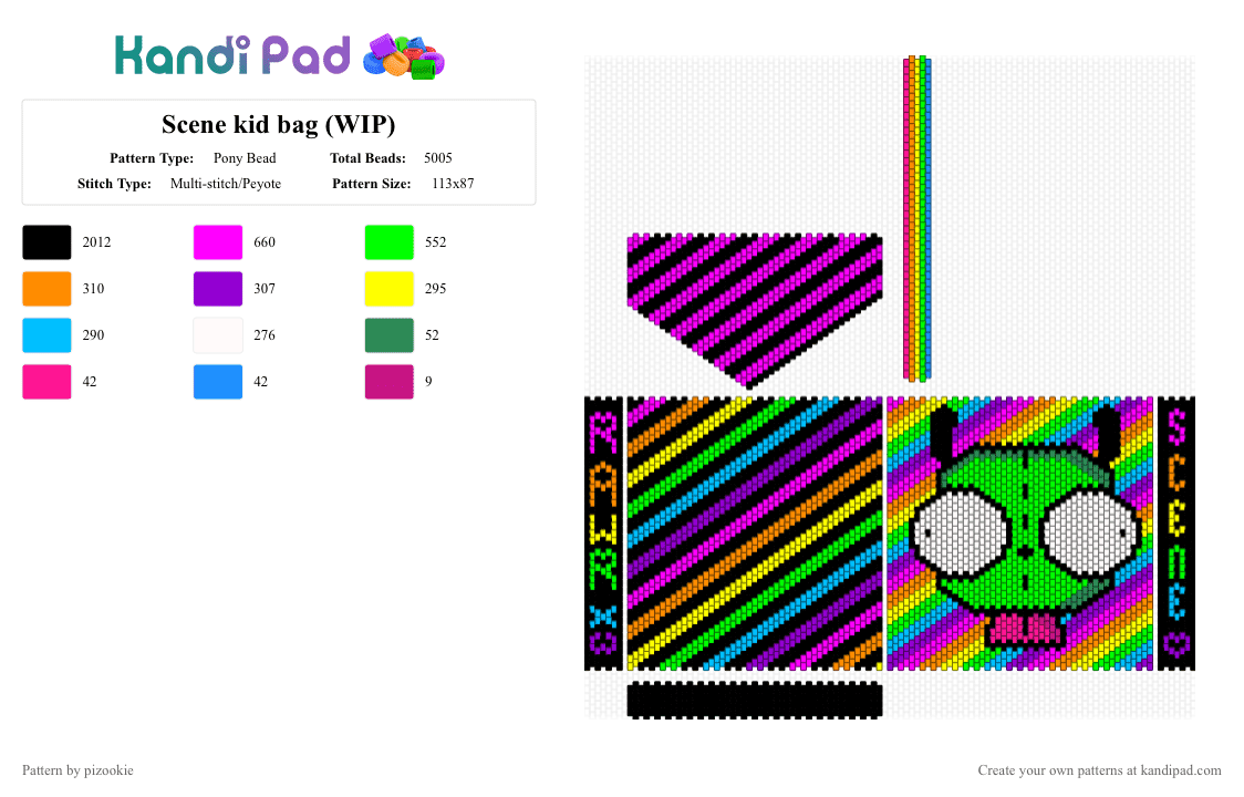 Scene kid bag !! xD - Pony Bead Pattern by pizookie on Kandi Pad - pink,green,scene,scenecore,scene kid,emo,rainbow,black,gir,invader zim