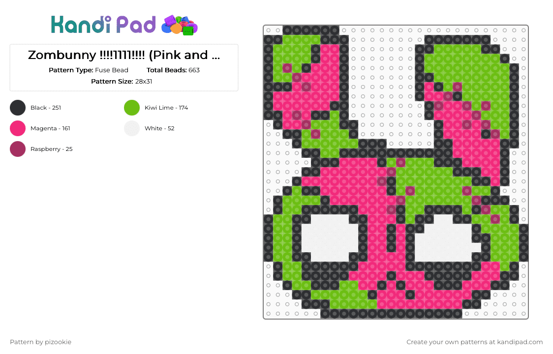 Zombunny !!!!1111!!!! (Pink and Green Ver 2) - Fuse Bead Pattern by pizookie on Kandi Pad - green,pink,bunny,spooky,rabbit,scene,scenecore,emo,scene kid,zombie