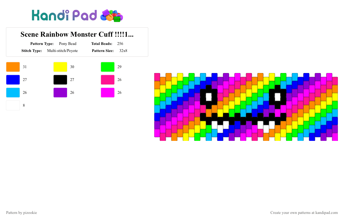 Scene Rainbow Monster Cuff !!!!111!!!! - Pony Bead Pattern by pizookie on Kandi Pad - pink,purple,scene,cotdmonsters,scenecore,scene kid,emo,colorful,silly,neon