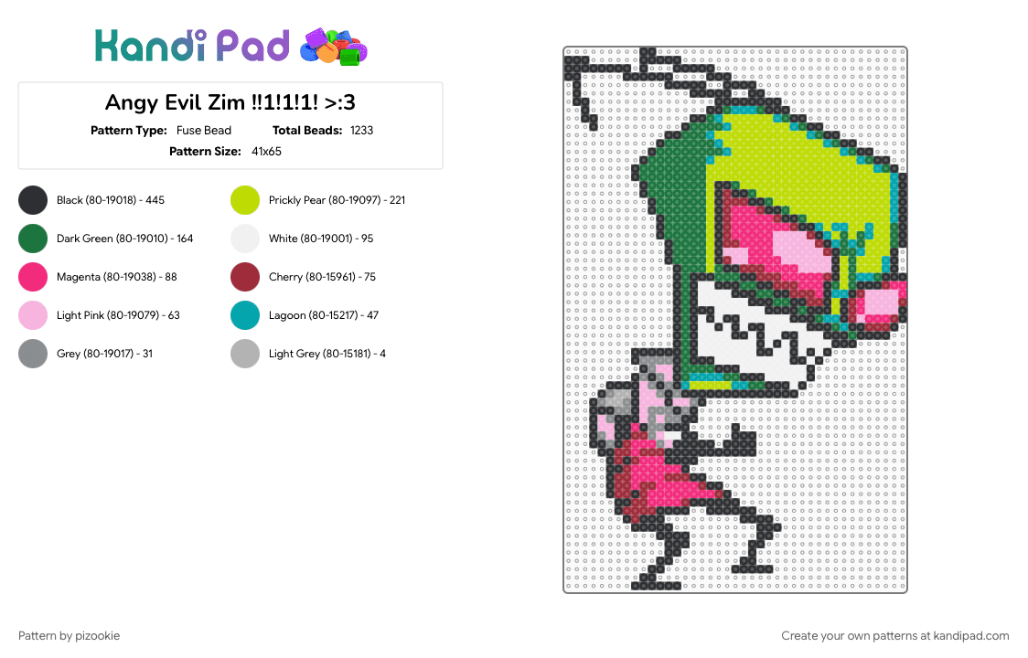 Angy Evil Zim !!1!1!1! >:3 - Fuse Bead Pattern by pizookie on Kandi Pad - 2000s, cartoons, cotdoldschoolcartoons, emo, green, invader zim, pink, scene, scene kid, scenecore