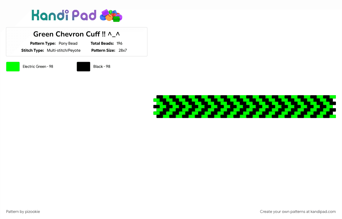 Green Chevron Cuff !! ^_^ - Pony Bead Pattern by pizookie on Kandi Pad - black, chevrons, colorful, cotdchevrons, emo, green, neon, scene, scene kid, scenecore