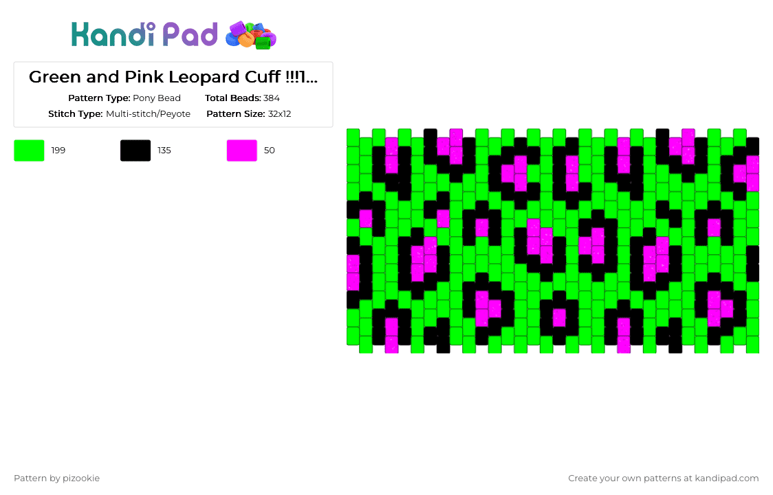 Green and Pink Leopard Cuff !!!1!1!1!1!!!! x3 - Pony Bead Pattern by pizookie on Kandi Pad - green,pink,glitter,animal print,scene,scenecore,emo,scene kid