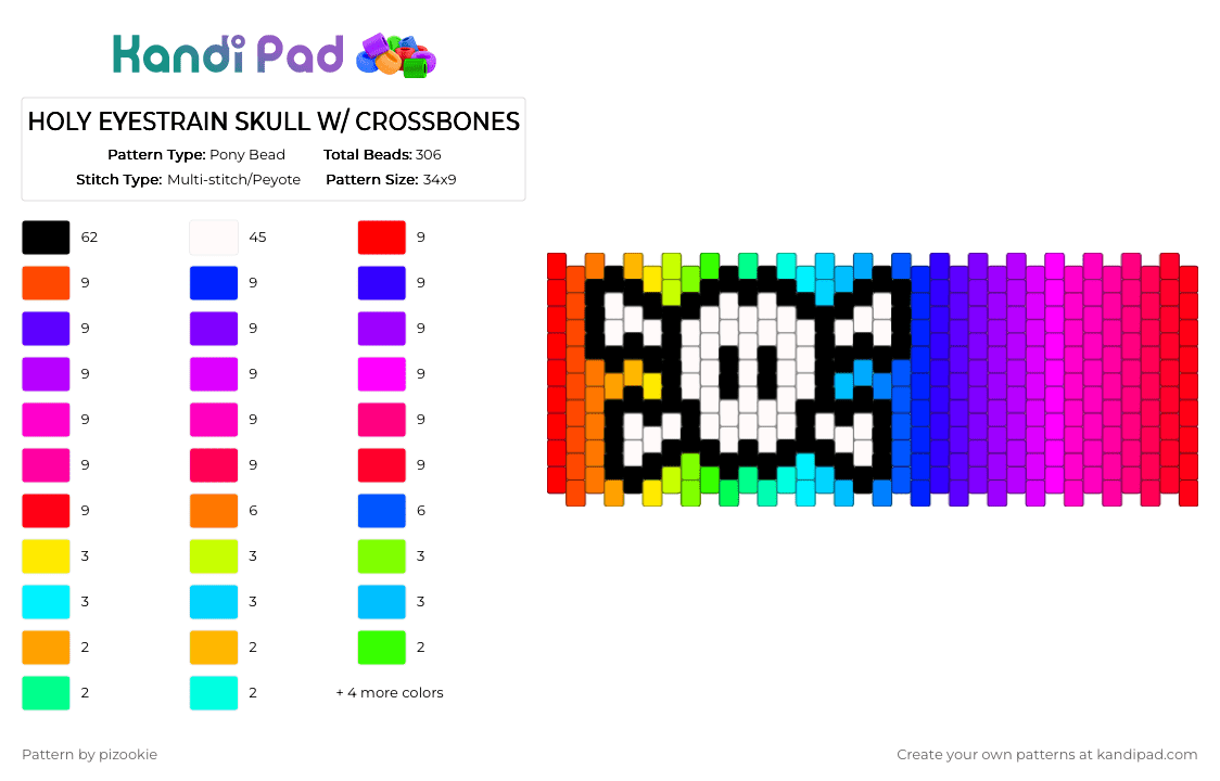 HOLY EYESTRAIN SKULL W/ CROSSBONES - Pony Bead Pattern by pizookie on Kandi Pad - color spectrum, colorful, emo, pink, purple, rainbow, red, scene, scene kid, scenecore, spooky