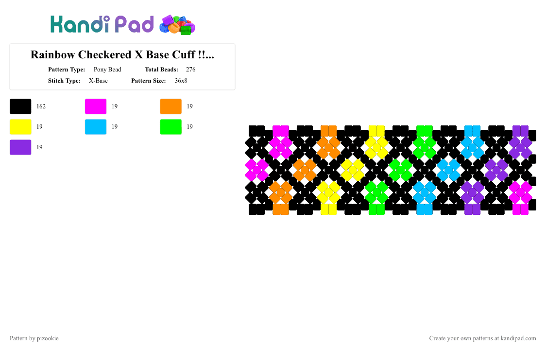 Rainbow Checkered X Base Cuff !!! x3 - Pony Bead Pattern by pizookie on Kandi Pad - black,orange,light blue,purple,colorful,rainbow,scene,scenecore,scene kid,emo,neon
