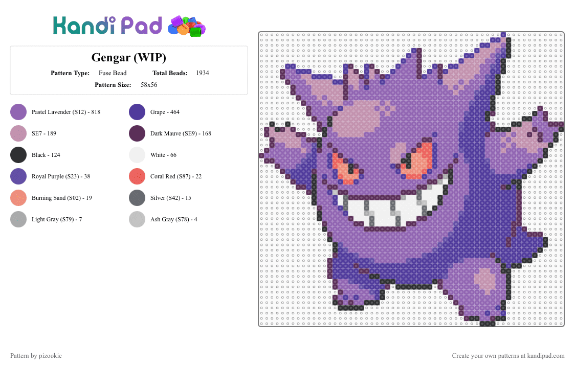 Gengar - Fuse Bead Pattern by pizookie on Kandi Pad - pink,purple,gengar,pokemon,pocket monsters,video game,video games,nintendo,gaming