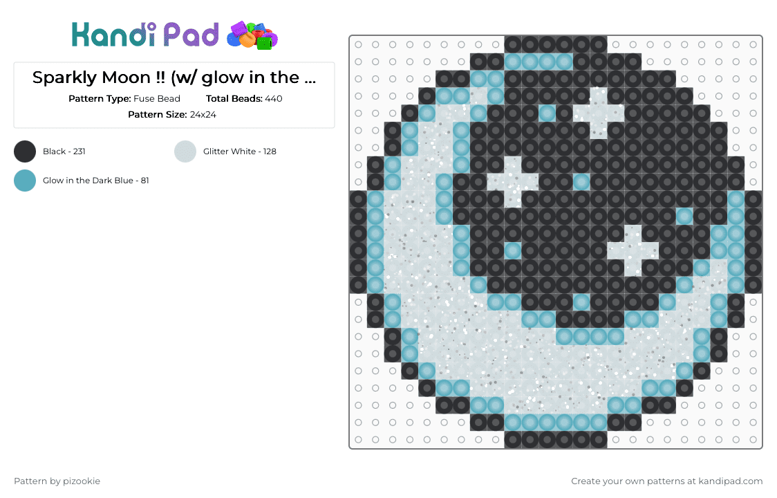 Sparkly Moon !! (w/ glow in the dark !!) - Fuse Bead Pattern by pizookie on Kandi Pad - light blue,white,cotdmoonlight,glow in the dark,moon,night,sparkly,black,shimmery