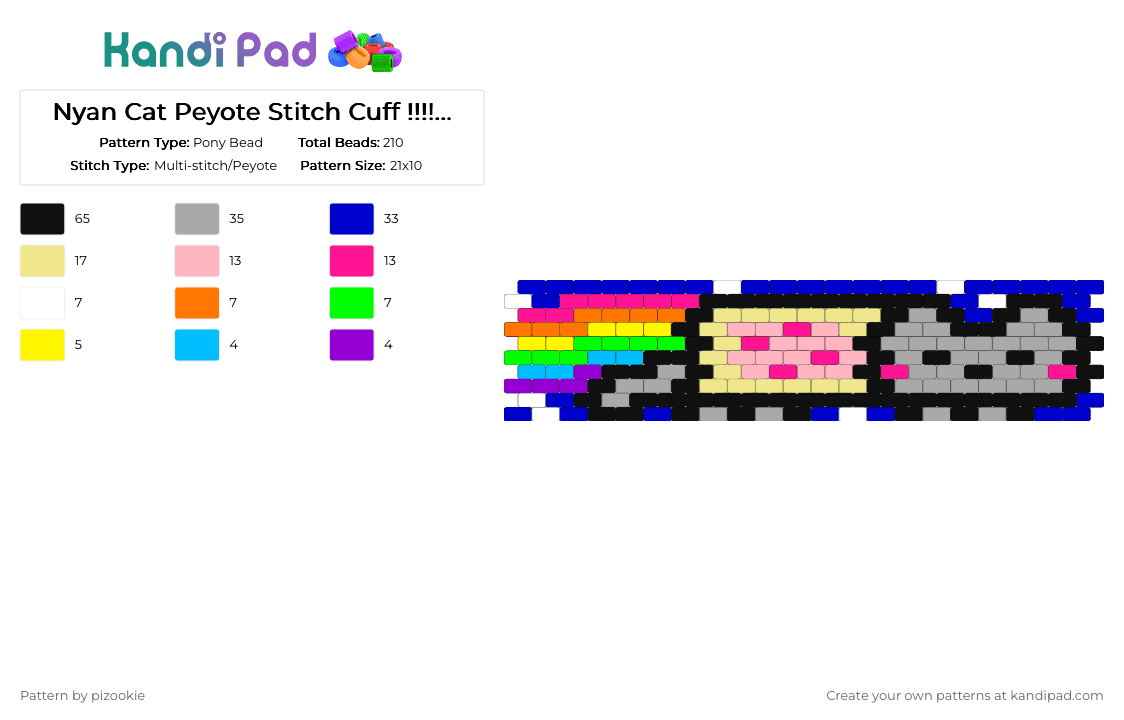 Nyan Cat Peyote Stitch Cuff !!!!1111!!!! x3 - Pony Bead Pattern by pizookie on Kandi Pad - yellow,pink,beige,purple,memes,rainbow,neon,colorful,scene,scenecore,scene kid,emo