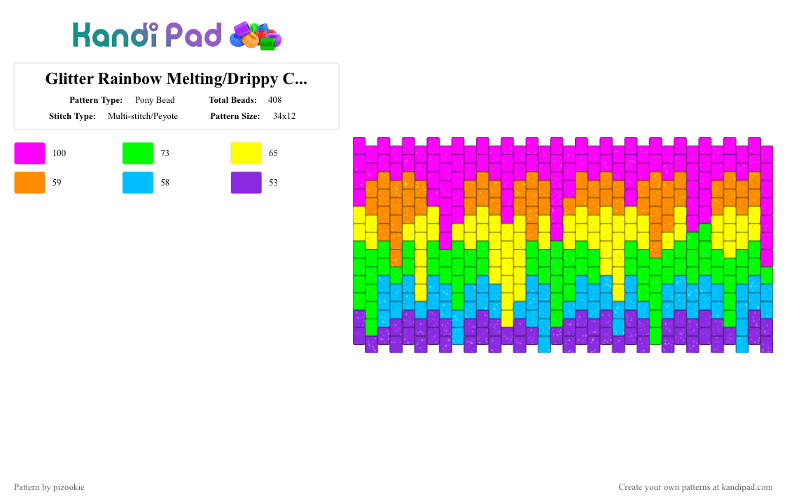 Glitter Rainbow Melting/Drippy Cuff !! x3 - Pony Bead Pattern by pizookie on Kandi Pad - colorful, emo, glitter, green, neon, pink, scene, scene kid, scenecore, trippy, yellow