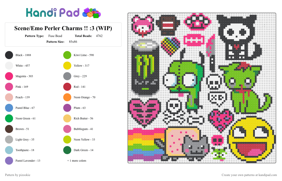 Scene/Emo Perler Charms !! :3 - Fuse Bead Pattern by pizookie on Kandi Pad - black,pink,green,yellow,colorful,scene,scenecore,scene kid,emo,2000s,myspace,rainbow