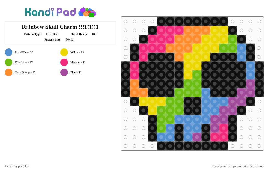 Rainbow Skull Charm !!!1!1!!1 - Fuse Bead Pattern by pizookie on Kandi Pad - black,pink,yellow,light blue,rainbow,neon,colorful,spooky,scene,scenecore,scene kid,emo