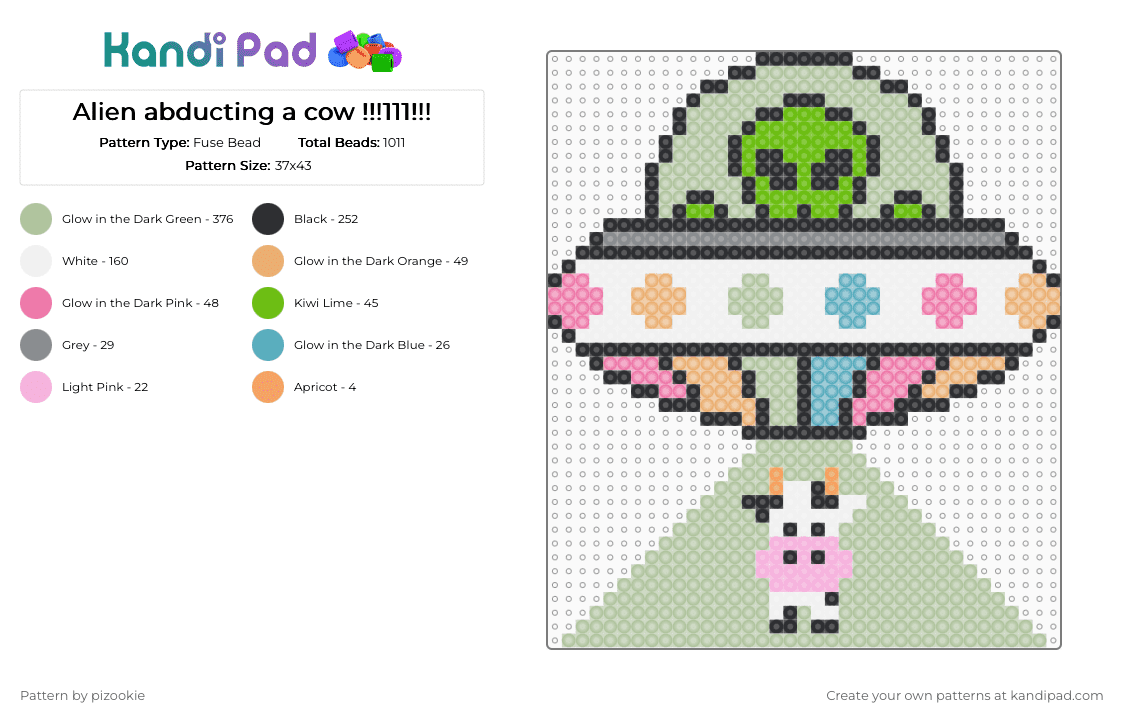 Alien abducting a cow !!!111!!! - Fuse Bead Pattern by pizookie on Kandi Pad - beige,cotdalienlandscapes,alien invasion,ufo,space,spaceship,glow in the dark,glow,aliens