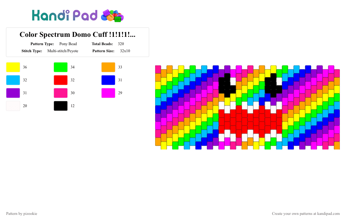 Color Spectrum Domo Cuff !1!1!1!1!!1!1!1!!!!! xD - Pony Bead Pattern by pizookie on Kandi Pad - pink,purple,domo,rainbow,neon,colorful,scene,emo,scenecore,scene kid