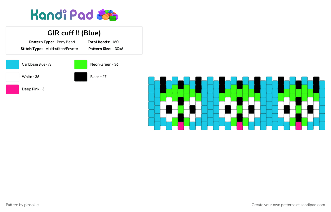 GIR cuff !! (Blue) - Pony Bead Pattern by pizookie on Kandi Pad - cartoons, character, emo, gir, invader zim, light blue, scene, scene kid, scenecore