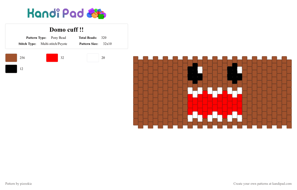 Domo cuff !! - Pony Bead Pattern by pizookie on Kandi Pad - red,domo,brown,scene,scenecore,scene kid,emo,kawaii,cute